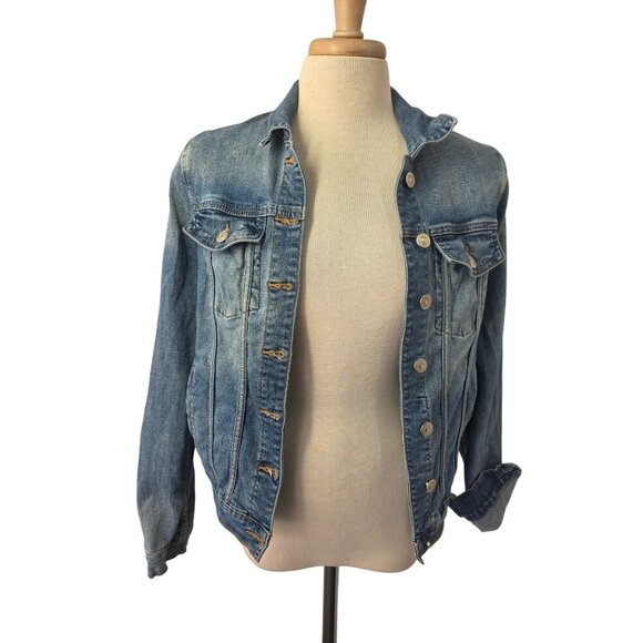 Justusa Denim Stretch Jean Jacket Women Sz S Buttons Distress Pockets Adjust Hem - Picture 8 of 10